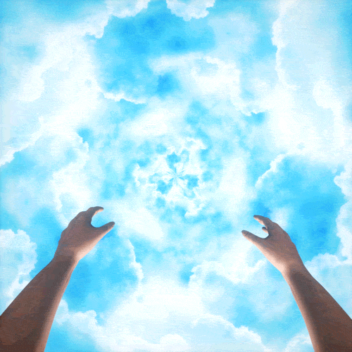 Hands reaching toward a swirling blue sky filled with clouds.